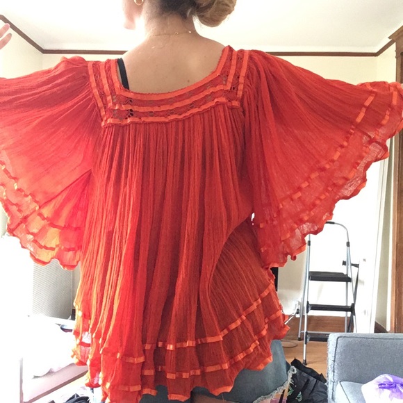 Tops - 1970s Orange ribbon trim top